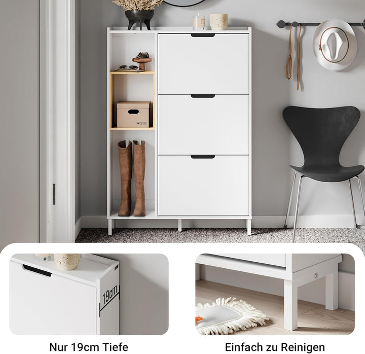 SoBuy Schuhschrank Schmal Weiss Bambus – Kompakter Schuhkipper mit 3 Klappen, Offenem Holzrahmen, Pl