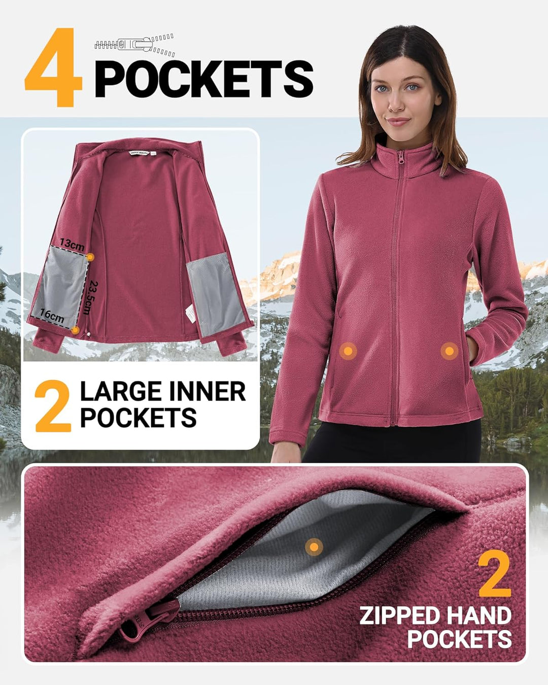 Outdoor Ventures Damen Fleecejacke mit Durchgehendem Reissverschluss Stehkragen Frauen Leichte Fleec