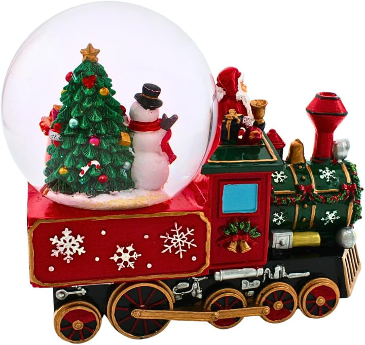 Schneekugel als Lokomotive mit Spielwerk, Schneemann, Weihnachtsmann und Tannenbaum, Sockel als Lok,