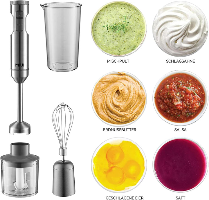 MIUI Stabmixer Edelstahl – Mixer für Küchenhandmixer-Set, 14-Gang-Edelstahlklinge und Körperhandstab