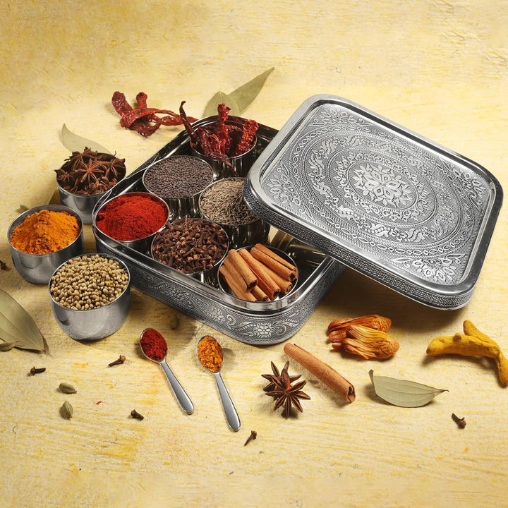 KSJONE Designer-Gewürzdose aus Edelstahl für Masala Dabba, gross, Curry-Gewürzdose, Küchen-Masala-Be