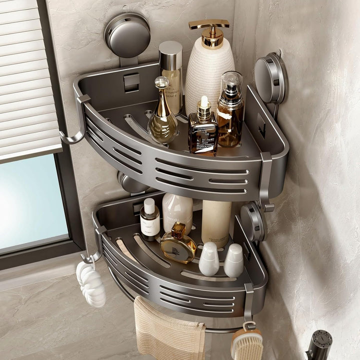 Voldra Duschablage Ohne Bohren, Duschregal Ecke Saugnapf Badezimmer Regal Wand Duschkorb mit Handtuc