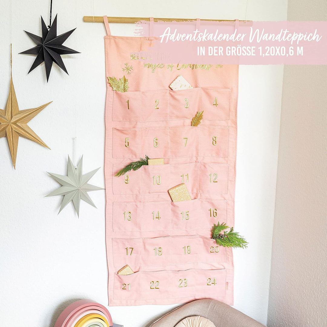 Papierdrachen Adventskalender 2023 als Wandkalender aus Stoff zum Befüllen - rosa &amp; gold - hochwerti