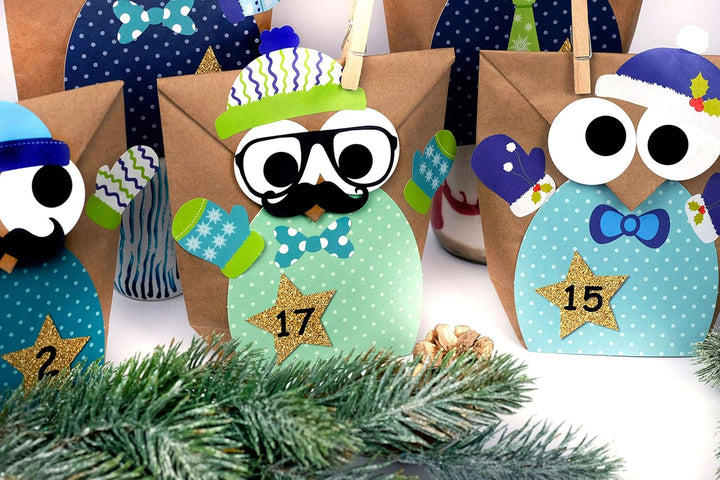 Papierdrachen Adventskalender 2025 zum Befüllen - 24 blaue Eulen-Tüten im Winterdesign - DIY Set mit