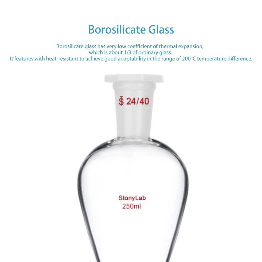 StonyLab 250 ml Trichter aus Borosilikatglas, Separatory Funnel, Schwerwandig Konisch mit 24/40 Gele