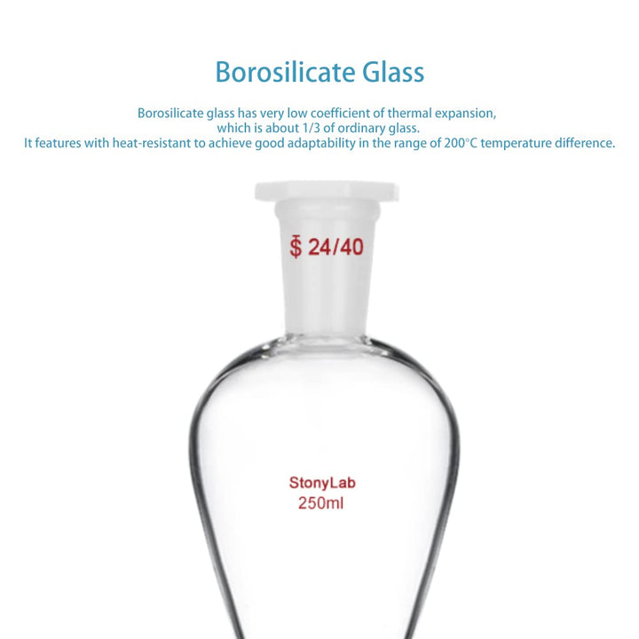 StonyLab 250 ml Trichter aus Borosilikatglas, Separatory Funnel, Schwerwandig Konisch mit 24/40 Gele