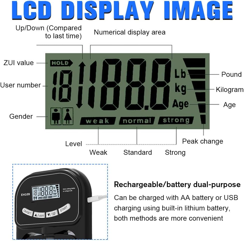 Digitaler Handkraftmessgerät, Elektronischer Hand Dynamometer 180 kg/396 lb mit USB-Ladekabel & LCD-