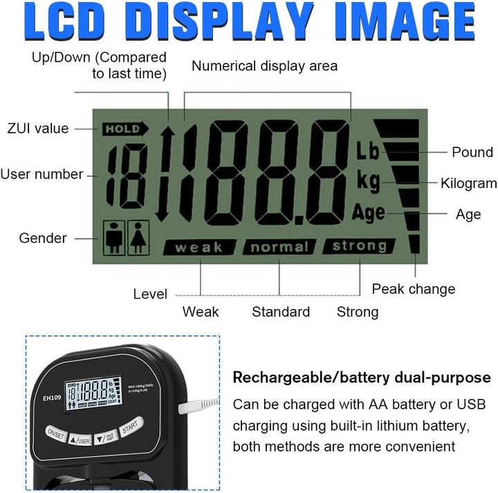 Digitaler Handkraftmessgerät, Elektronischer Hand Dynamometer 180 kg/396 lb mit USB-Ladekabel & LCD-
