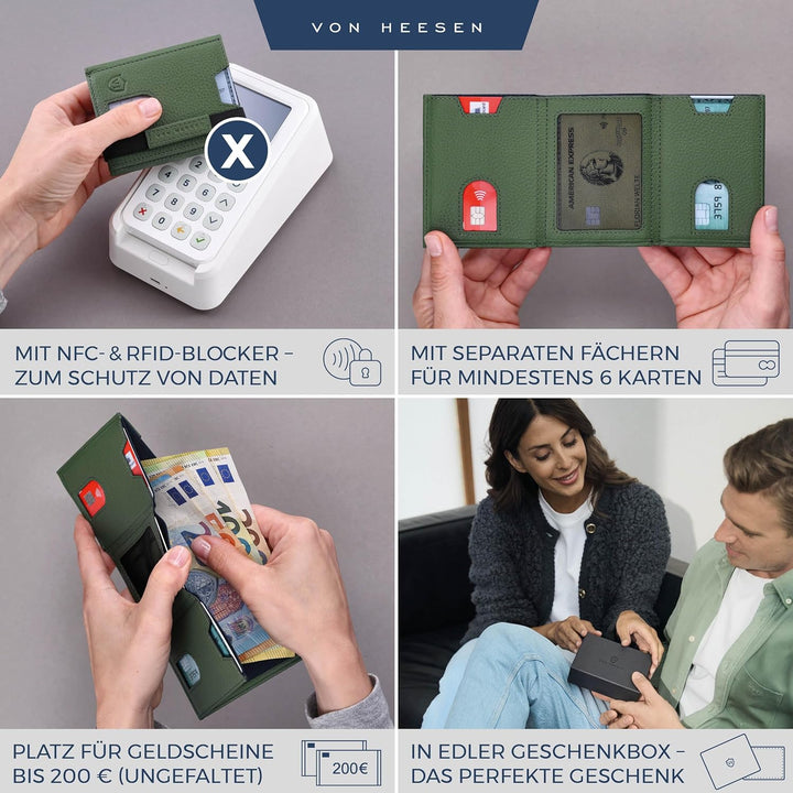 VON HEESEN Leder Slim Wallet - Geldbeutel mit RFID Schutz - Mini Geldbörse für Herren und Damen - Ka