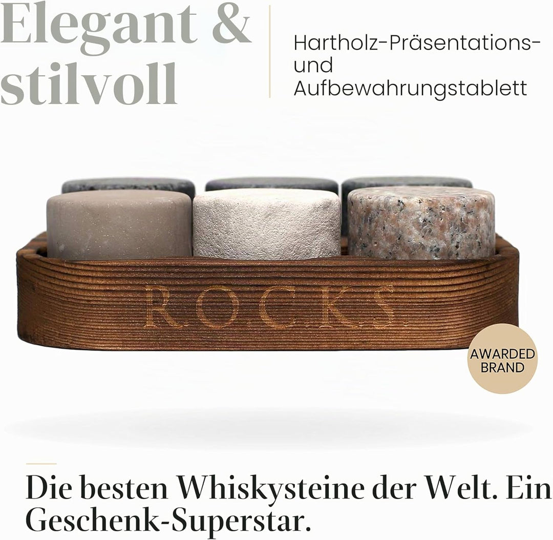 Whiskey Steine Geschenkset- 6 Handgefertigte Premium-Granitsteine - Präsentations & Aufbewahrungssch