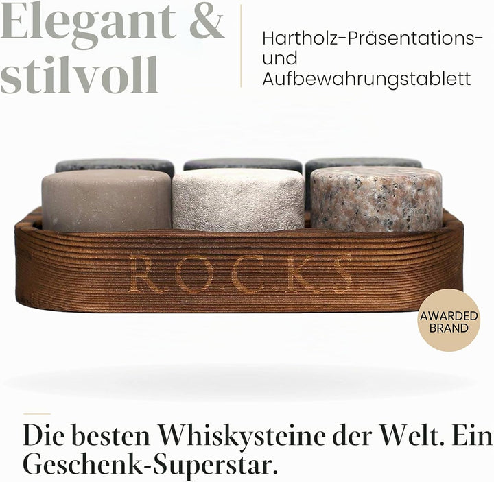 Whiskey Steine Geschenkset- 6 Handgefertigte Premium-Granitsteine - Präsentations & Aufbewahrungssch