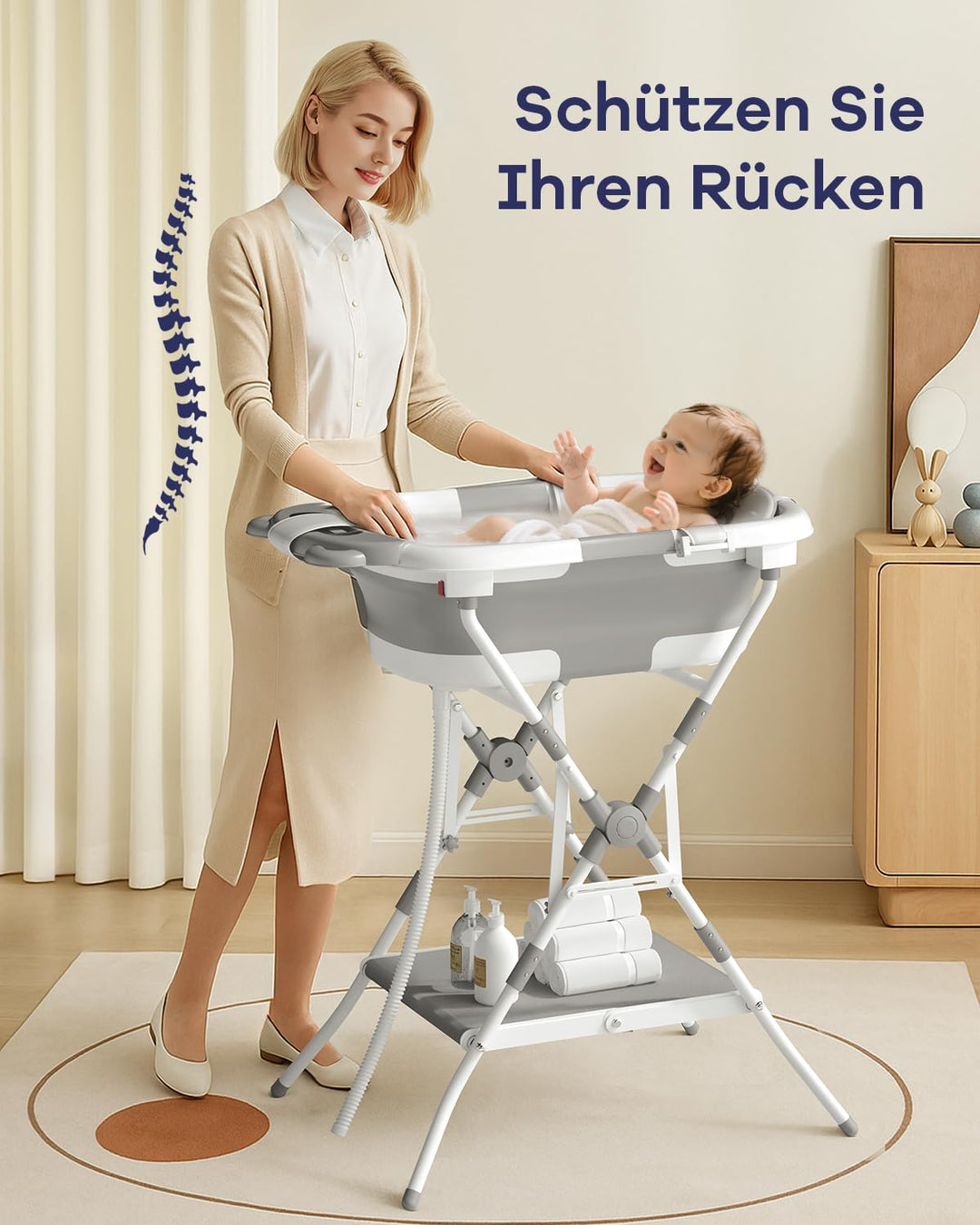 COOSEYA Baby Badewanne mit Gestell für 0-18 Monate, Faltbare Babybadewanne mit Stützpolster und Temp