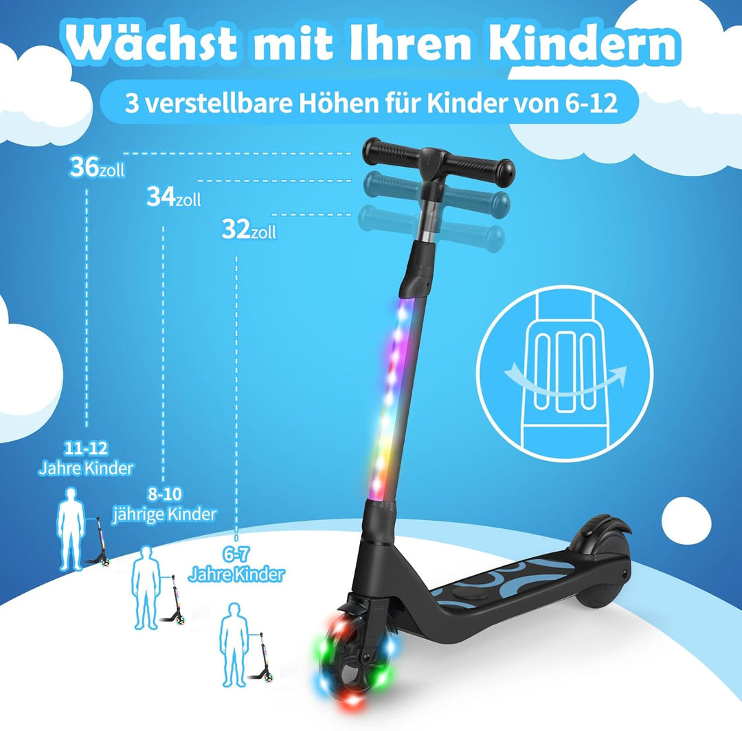 SISIGAD E Scooter Kinder für 6-12 Jahre, E Roller Kinder 5.3 Zoll Kinderroller mit Blinkende LED-Leu
