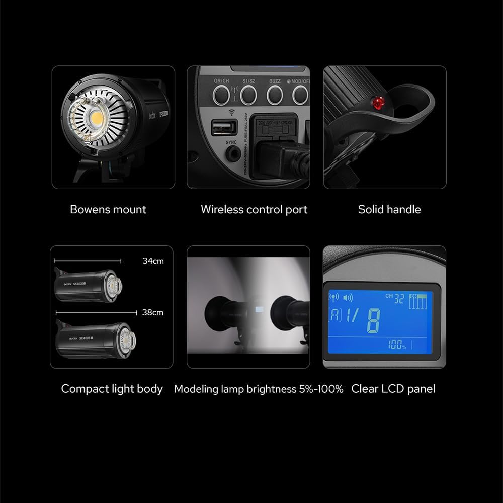 GODOX SK400II-V 400Ws 5600K Bowens Mount Fotostudio-Stroboskoplicht, Eingebautes 2.4G Wireless X Sys