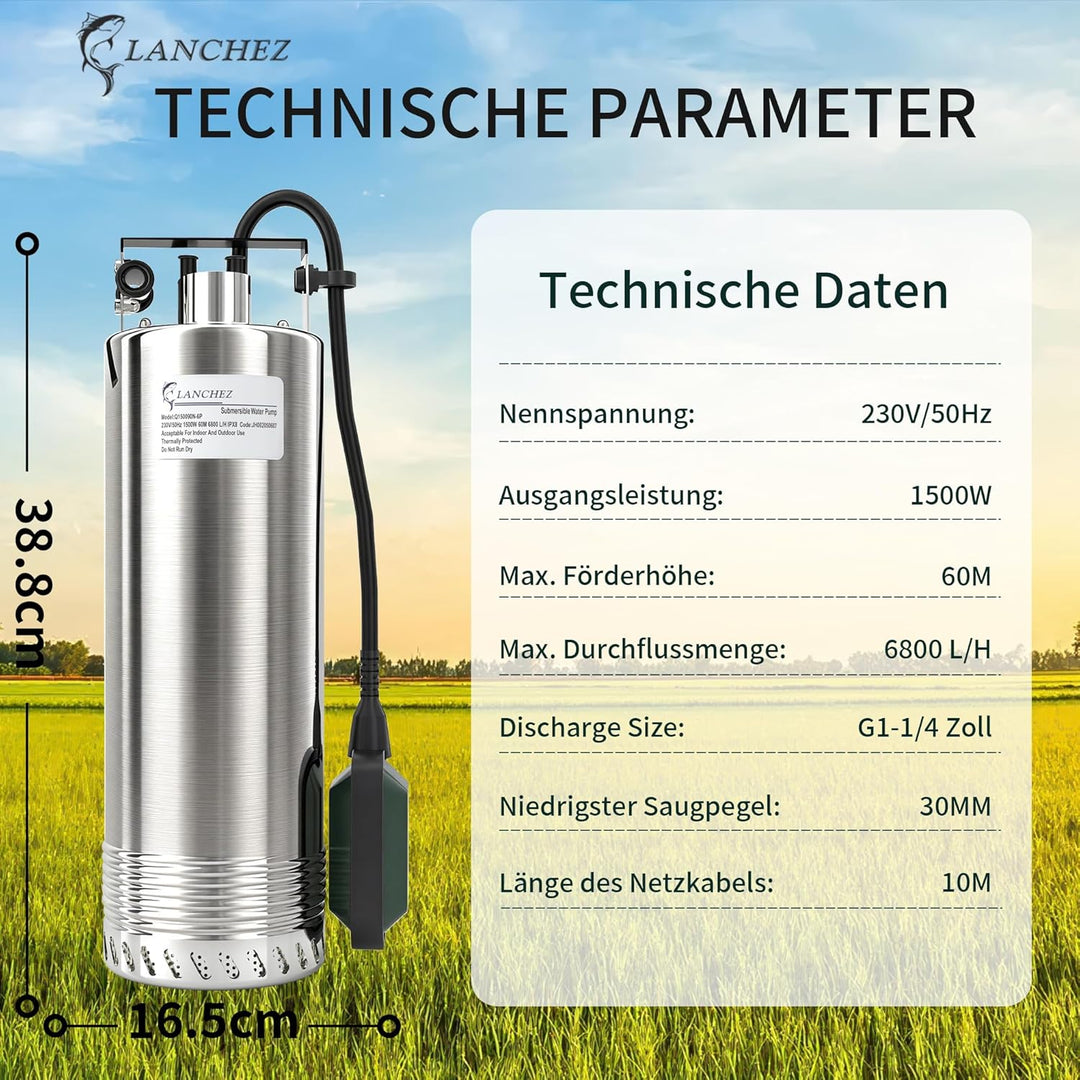 LANCHEZ 1500 W Tauchpumpe mit schwimmer, Fördermenge: 6800 l/h Tauchdruckpumpe, Förderhöhe max. 60 m