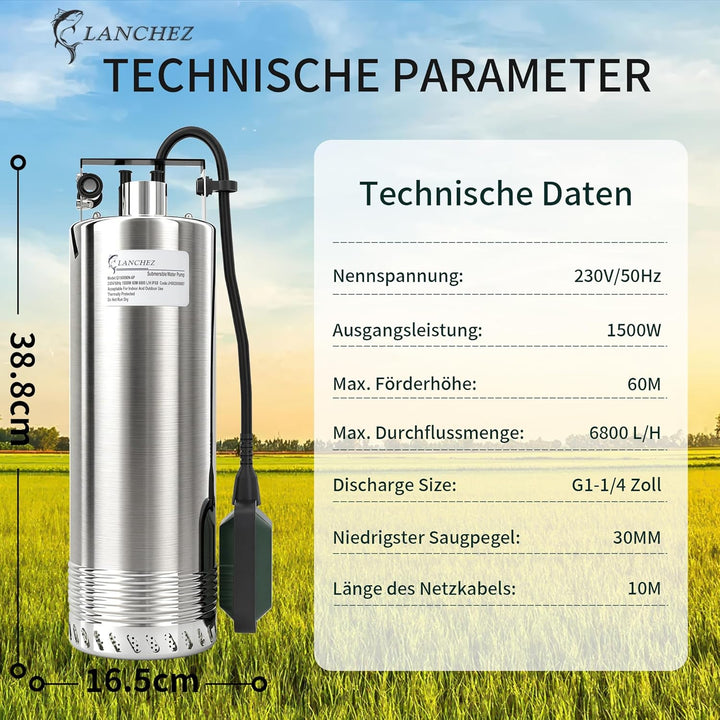 LANCHEZ 1500 W Tauchpumpe mit schwimmer, Fördermenge: 6800 l/h Tauchdruckpumpe, Förderhöhe max. 60 m
