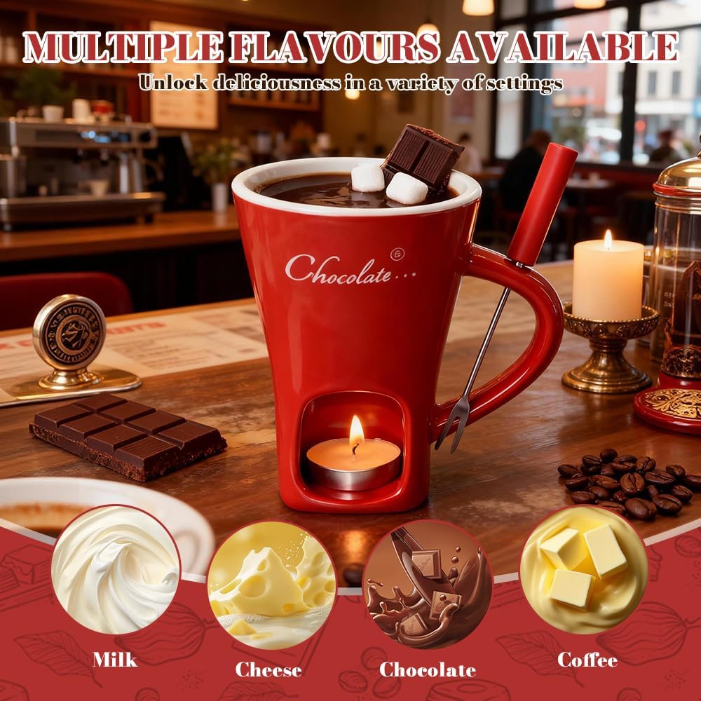 Schokofondue Tasse Set, Keramik Schokoladenfondue Tasse mit Gabel, 130ML Schoko Fondue Tassen, Persö