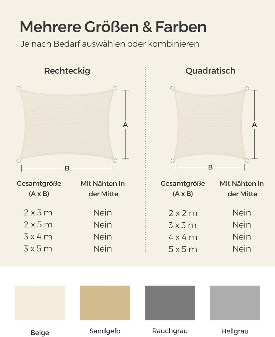 SONGMICS Sonnensegel 3 x 4 m, Sonnenschutz aus HDPE-Gewebe, luftdurchlässig, wasserdurchlässig, für