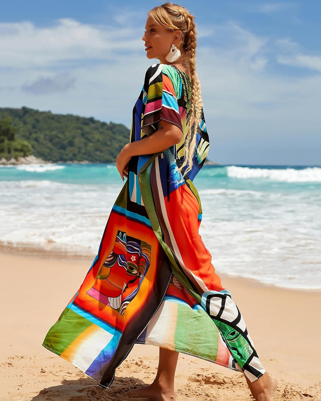 Bsubseach Lose Kaftan Kleider für Frauen Kurzarm Badeanzug Cover Up Casual Urlaub Outfits Bunt Geome