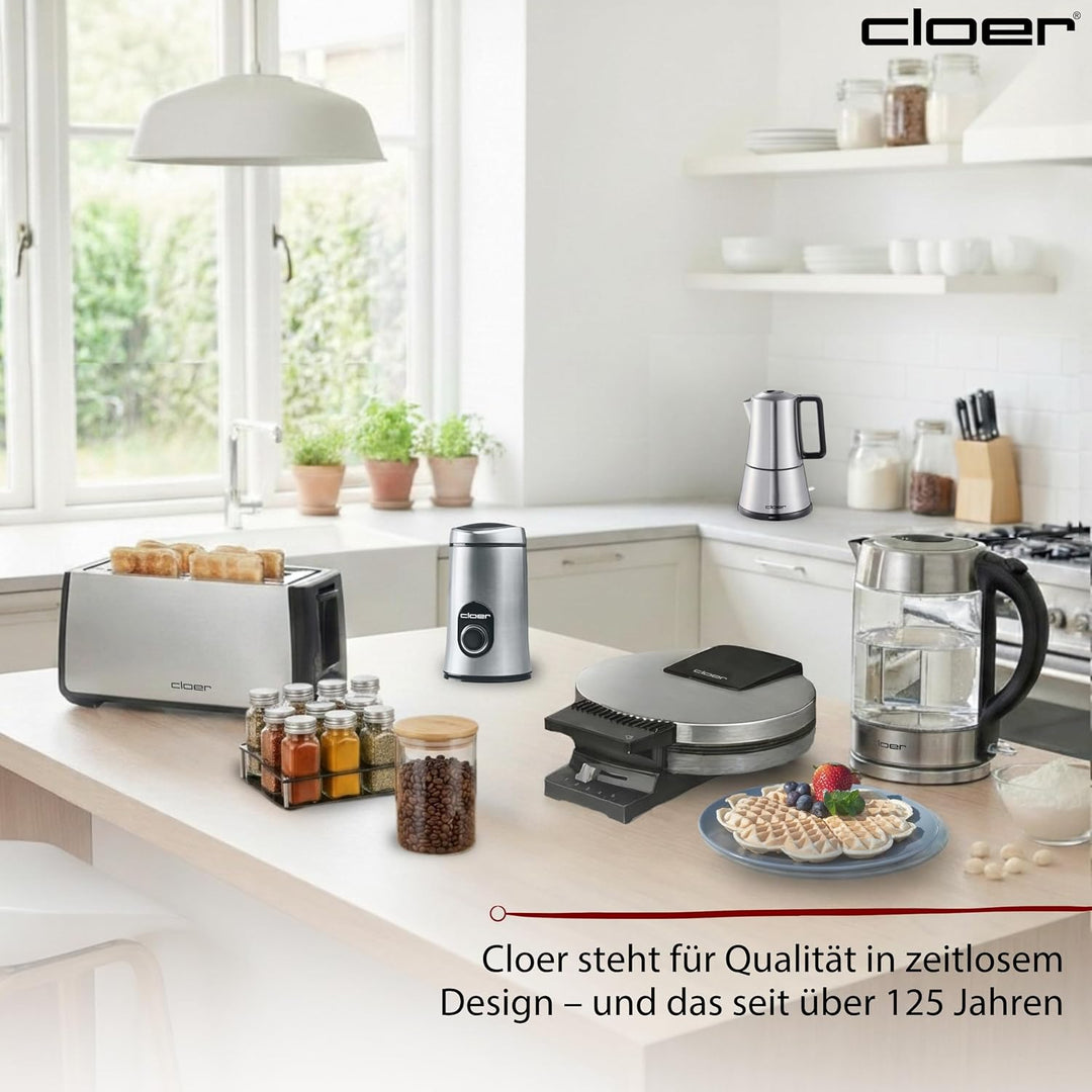 Cloer 7579 Elektrische Kaffeemühle, 150 W, für bis zu 50 g Kaffeebohnen, mattiertes Edelstahlgehäuse
