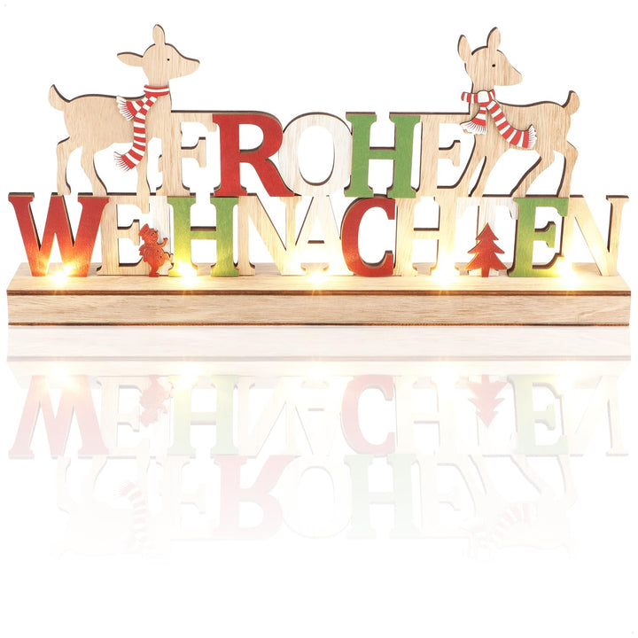 com-four® LED Deko Aufsteller aus Holz - beleuchteter Schriftzug auf Holzsockel - Deko-Schriftzug zu