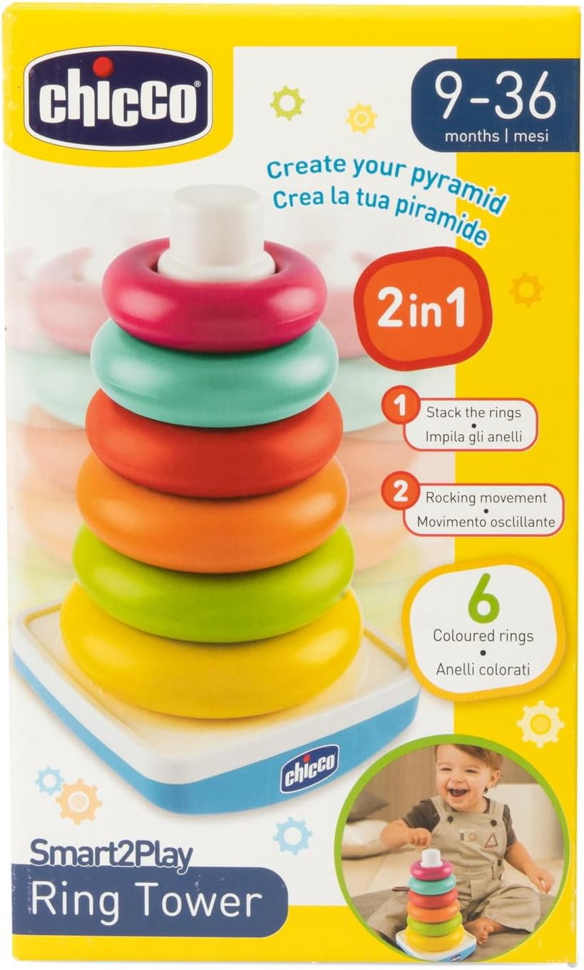 Chicco Baby-Stapelring & Ringpyramide, Steckturm, Spiel mit schwingendem Unterteil und 6 stapelbaren
