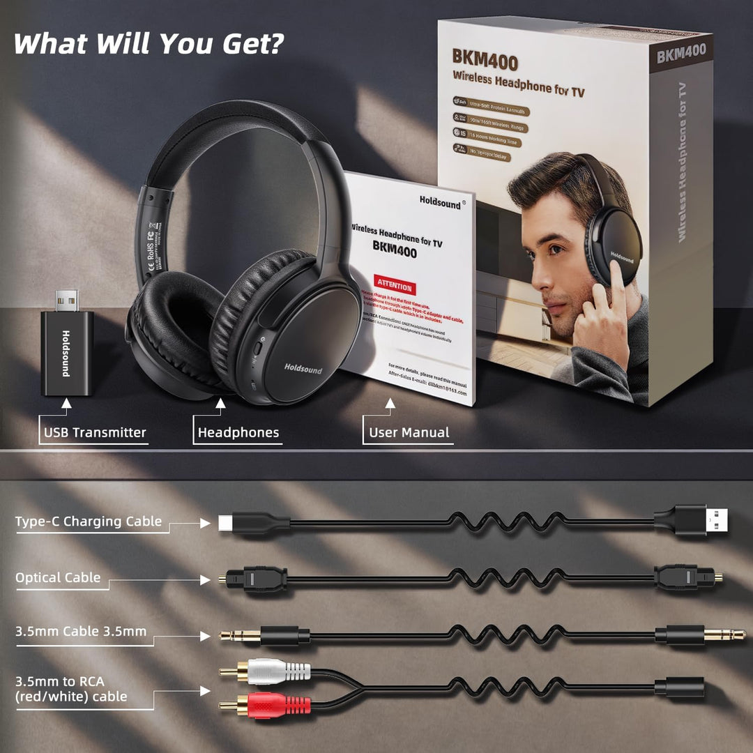 Holdsound Funkkopfhörer für Fernseher, Kabellose TV-Kopfhörer für Senioren mit Tragbarem USB-Sender,