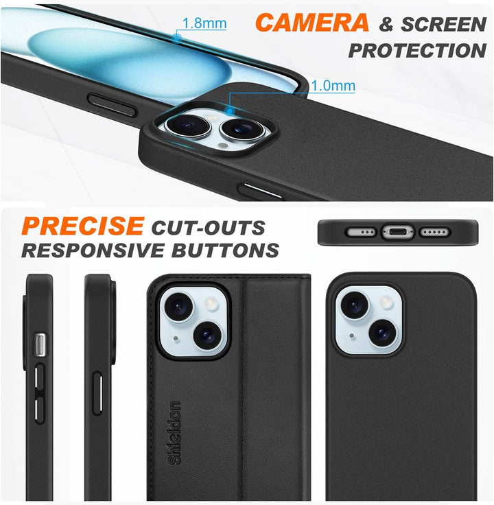 SHIELDON Hülle für iPhone 15, Echtleder Handyhülle [Abnehmbar] [kabelloses Laden] [Kartenfach] [Stän