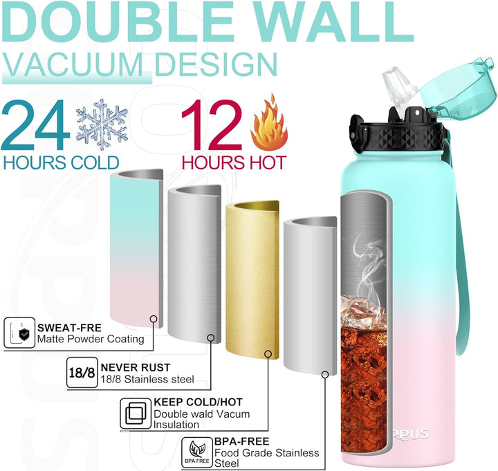 GOPPUS 1.2L/40oz Edelstahl Wasserflasche mit Strohhalm 1.2 Liter Heisse Thermosflasche Doppelwandige