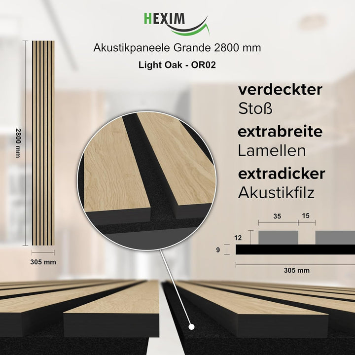 HEXIM Akustikpaneele 2 Stück 280x30cm Holz Grande - XXL Wandpaneele Platten Lamellen Holzpaneele Ech