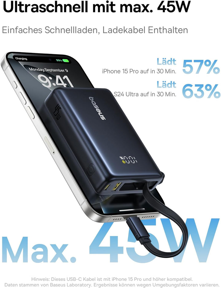 Baseus Picogo Powerbank, Power Bank 10000mAh 45W mit integriertem USB-C Kabel, PD 3.0 QC 4+ Externe