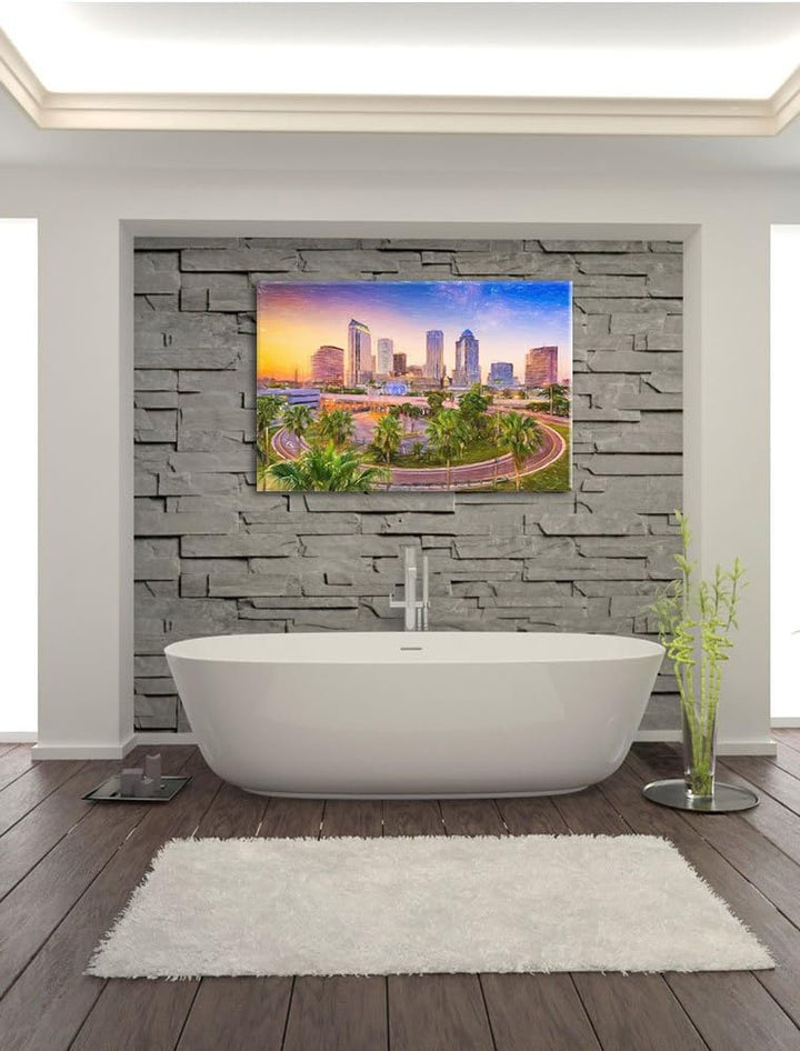 Pixxprint Skyline in den USA Kunst Buntstift Effekt, Format: 100x70 auf Leinwand, 100x70