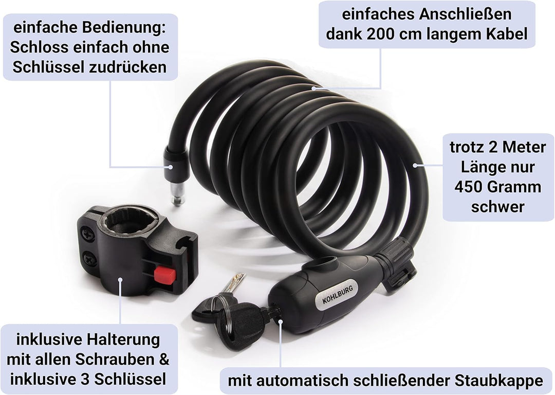 KOHLBURG Kabelschloss 200 cm lang - einfach ohne Schlüssel abschliessbar - Schloss für Fahrrad mit H