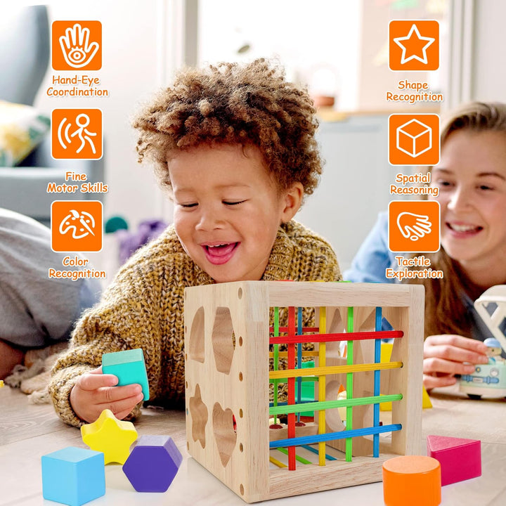 HELLOWOOD Sortierspiel Montessori Steckwürfel ab 1 Jahr, Lernspielzeug Motorikwürfel mit 8 Steckbaus