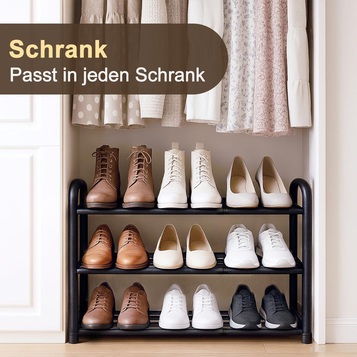 Schuhregal Schmal Platzsparend Ausziehbar 3 Ebenen, Schuhschrank Metall Schwarz, Breite 43-78 cm, fü