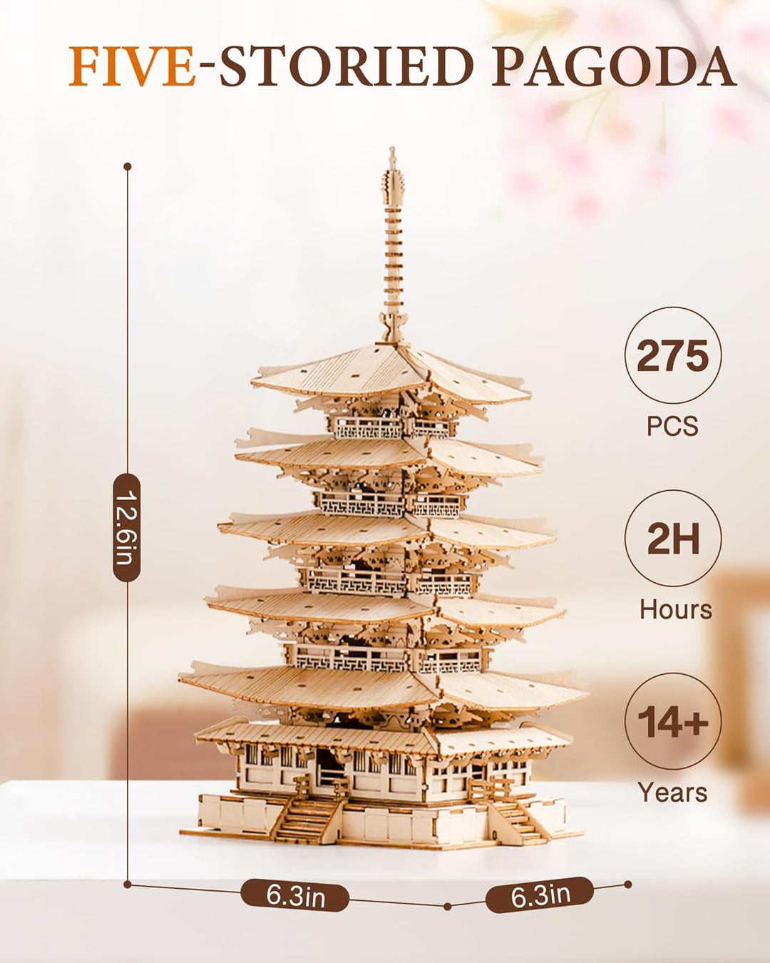 Rolife 3D Puzzle Holz Modellbau Fünfstöckige Pagode Turm für Erwachsene Teenager DIY Modellbausatz E
