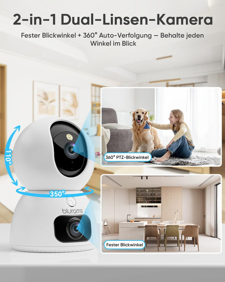 blurams Überwachungskamera Innen, 2K Dual-Objektiv Hundekamera, Kamera Überwachung Innen mit 360° Ab