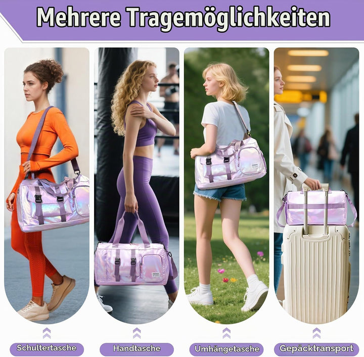 Sporttasche Damen Reisetasche mit Schuhfach und Nassfach, Wasserdicht Schwimmtasche Frauen Glitzer G