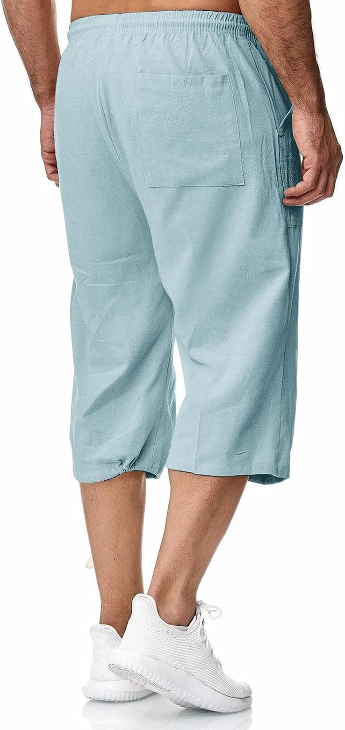 Herren Leinen-Shorts 3/4 Länge Hosen Sommerhose Strand Yoga Jogger Casual Sweatpants Hellblau S, Hel