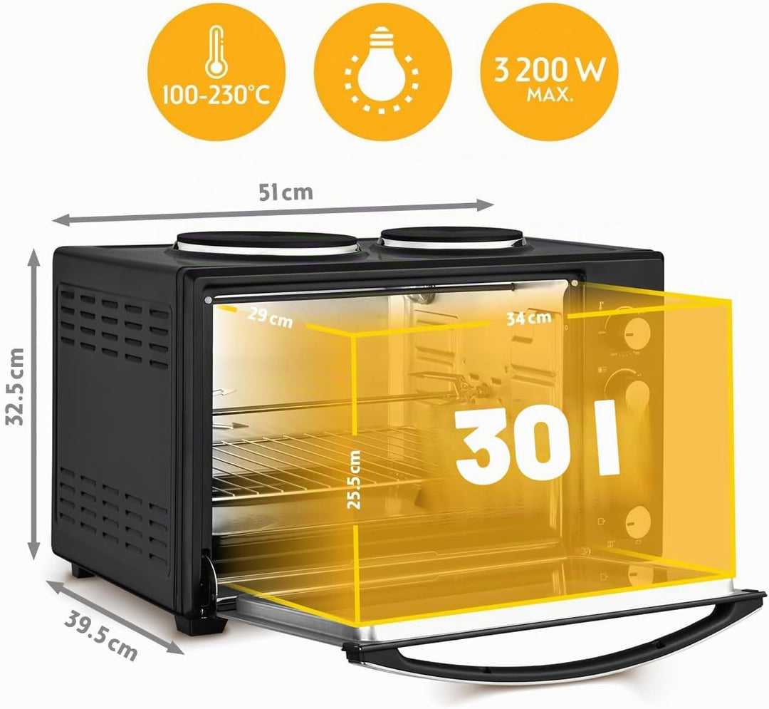 TZS First Austria Minibackofen 30 Liter 3200 Watt Mini-Backofen mit Kochplatten, Krümelblech, Drehsp