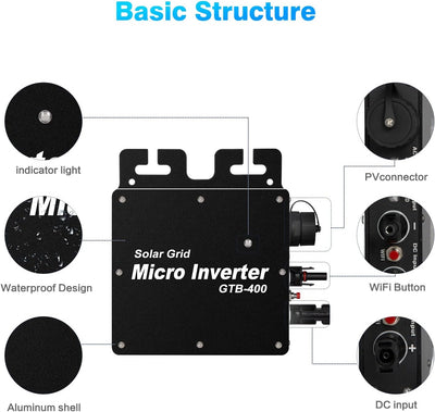 BuyWeek 400W Micro Solar Grid Tie Inverter Micro Wechselrichter IP65 Wasserdichter WiFi APP Steuerun