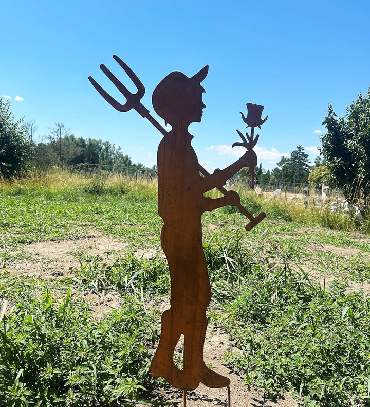Gartenfigur Gärtner Fritz mit Spatengabel und Rose 100x57cm zum Stecken Gartenstecker Edelrost Garte