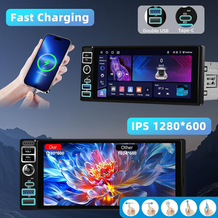 4GB+64GB CarPlay 1 Din Autoradio mit Type-C, 6,9 Zoll IPS Bildschirm mit WiFi GPS Kabellosen Android
