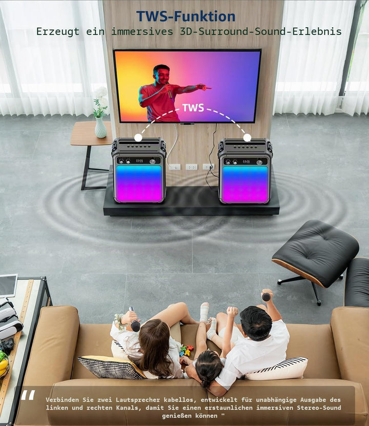 Karaoke Maschine mit 2 Mikrofonen, tragbarer Bluetooth Karaoke System mit LED Lichtern, Stereo TWS,