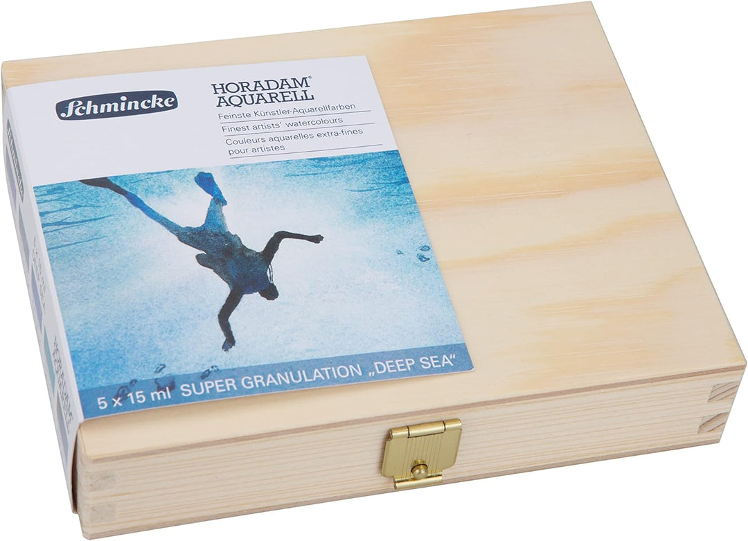 Schmincke – HORADAM® AQUARELL, Super Granulation Set Tiefsee, 5 x 15 ml-Tuben, 74 841 097, Holzkaste
