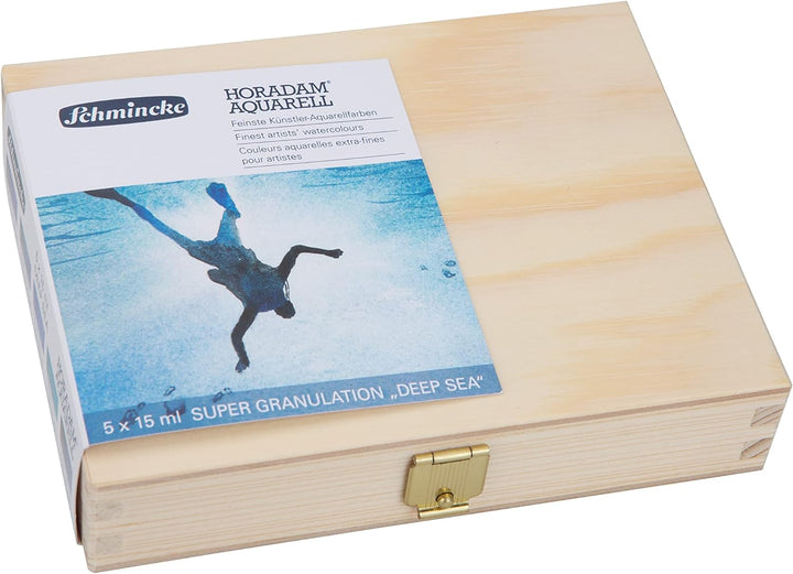Schmincke – HORADAM® AQUARELL, Super Granulation Set Tiefsee, 5 x 15 ml-Tuben, 74 841 097, Holzkaste