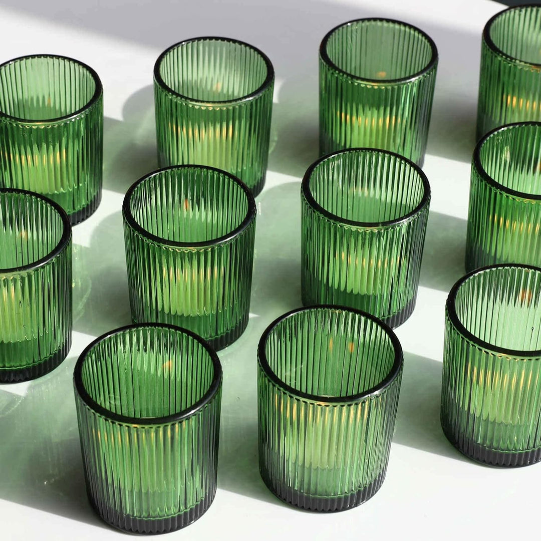 Vohocandle 12 Stück Teelichthalter aus geripptem Glas, grün gerippte Votivkerzenhalter für Hochzeits