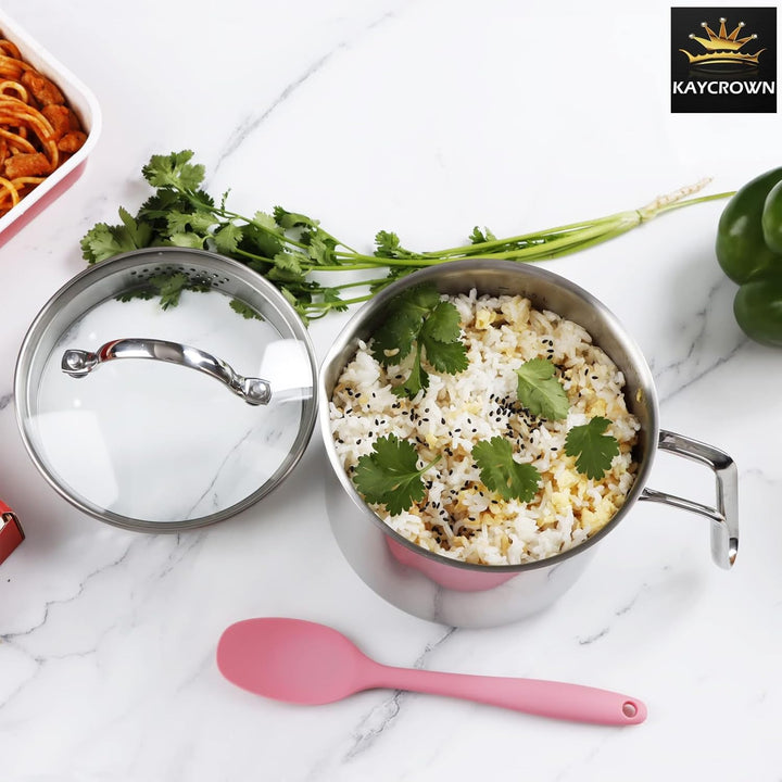 Edelstahl-Kochtopf mit Glasdeckel, Mehrzweck-Saucenpfanne mit Siebdeckel und Ausgiesser zum Kochen v