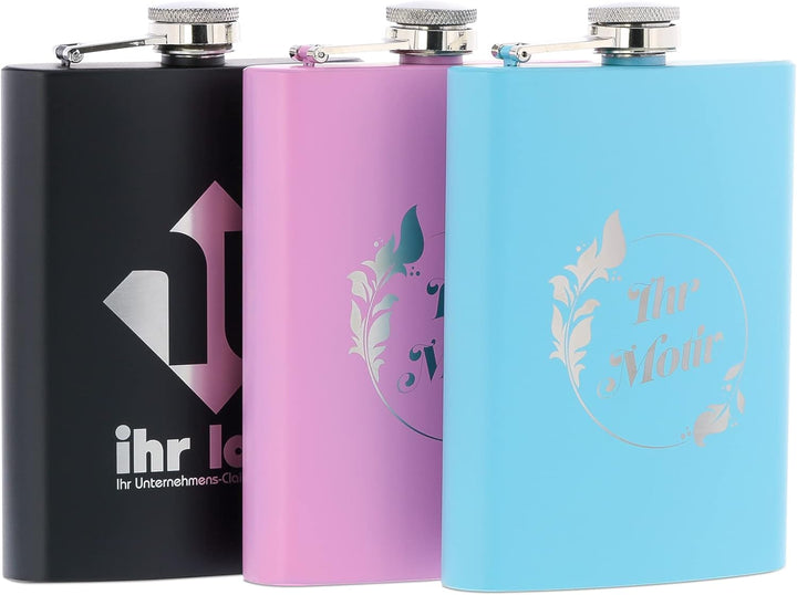 stempel-fabrik – personalisierbarer Flachmann in blau aus Edelstahl – Taschenflasche mit Wunschgravu