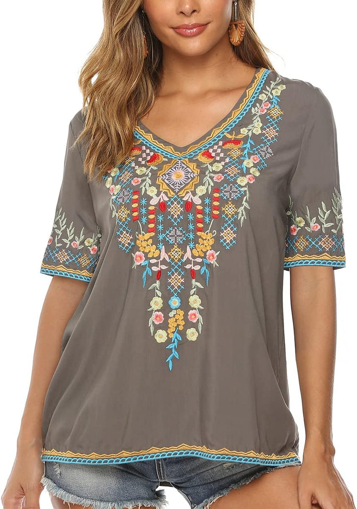 Seasonal Tunika Damen Sommer Boho Folklore Bluse mit Stickerei Oberteil Hippie Trachten Kurzarm Klei